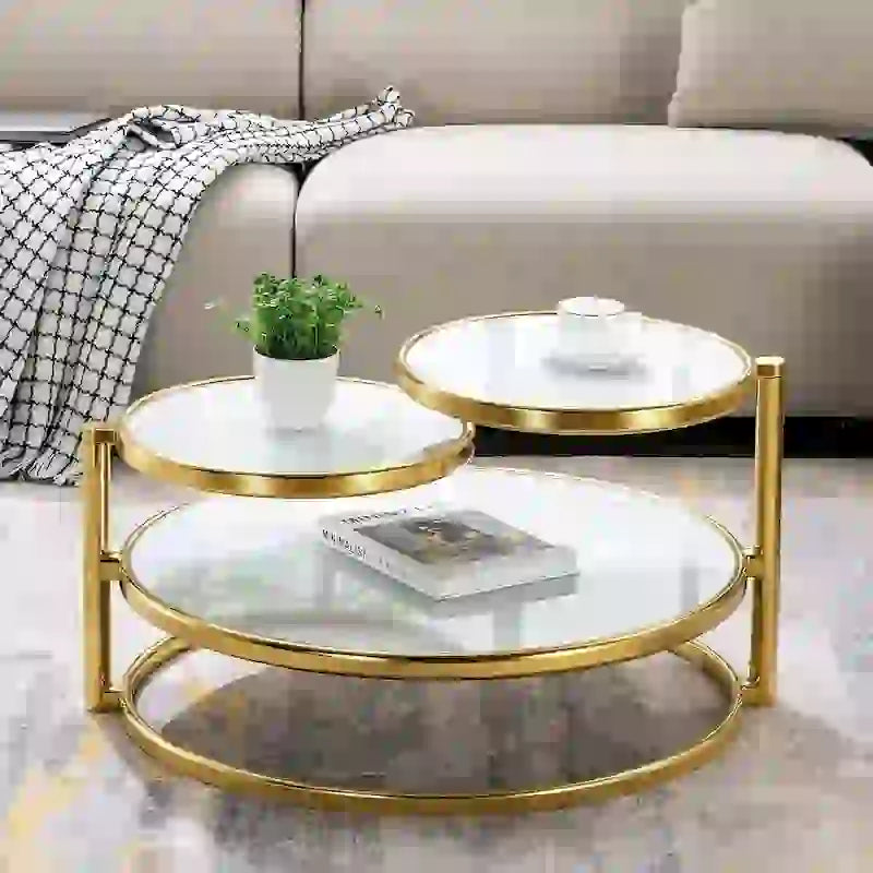 Tavolino da Caffè Rotondo in Vetro Temperato Bianco/Argento/Oro, a 3 Livelli Girevole a 360°, per 1 Persona