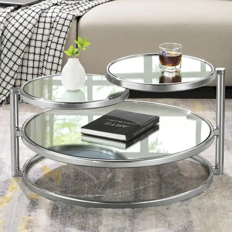 Tavolino da Caffè Rotondo in Vetro Temperato Bianco/Argento/Oro, a 3 Livelli Girevole a 360°, per 1 Persona