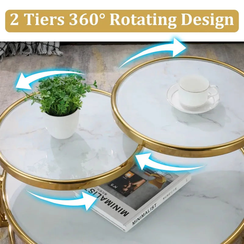 Tavolino da Caffè Rotondo in Vetro Temperato Bianco/Argento/Oro, a 3 Livelli Girevole a 360°, per 1 Persona