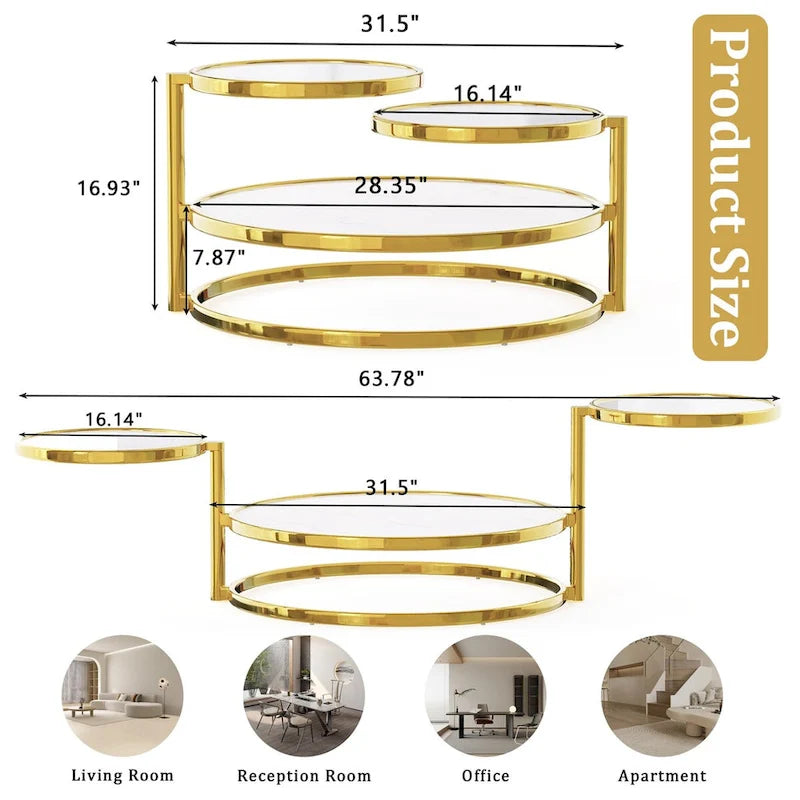 Tavolino da Caffè Rotondo in Vetro Temperato Bianco/Argento/Oro, a 3 Livelli Girevole a 360°, per 1 Persona