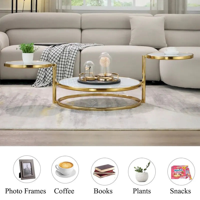 Tavolino da Caffè Rotondo in Vetro Temperato Bianco/Argento/Oro, a 3 Livelli Girevole a 360°, per 1 Persona