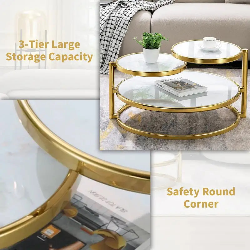Tavolino da Caffè Rotondo in Vetro Temperato Bianco/Argento/Oro, a 3 Livelli Girevole a 360°, per 1 Persona