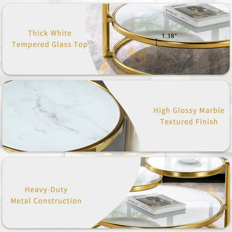 Tavolino da Caffè Rotondo in Vetro Temperato Bianco/Argento/Oro, a 3 Livelli Girevole a 360°, per 1 Persona