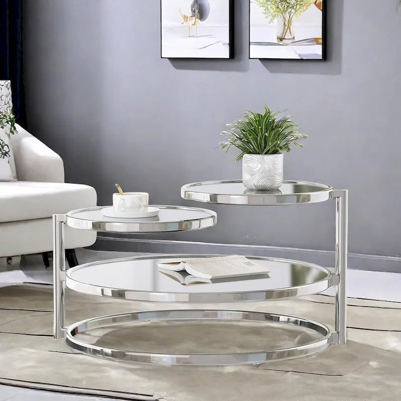 Tavolino da Caffè Rotondo in Vetro Temperato Bianco/Argento/Oro, a 3 Livelli Girevole a 360°, per 1 Persona