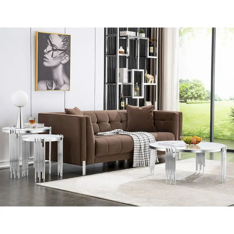 Tavolino da Caffè Rotondo in Vetro Temperato Bianco/Argento/Oro, a 3 Livelli Girevole a 360°, per 1 Persona