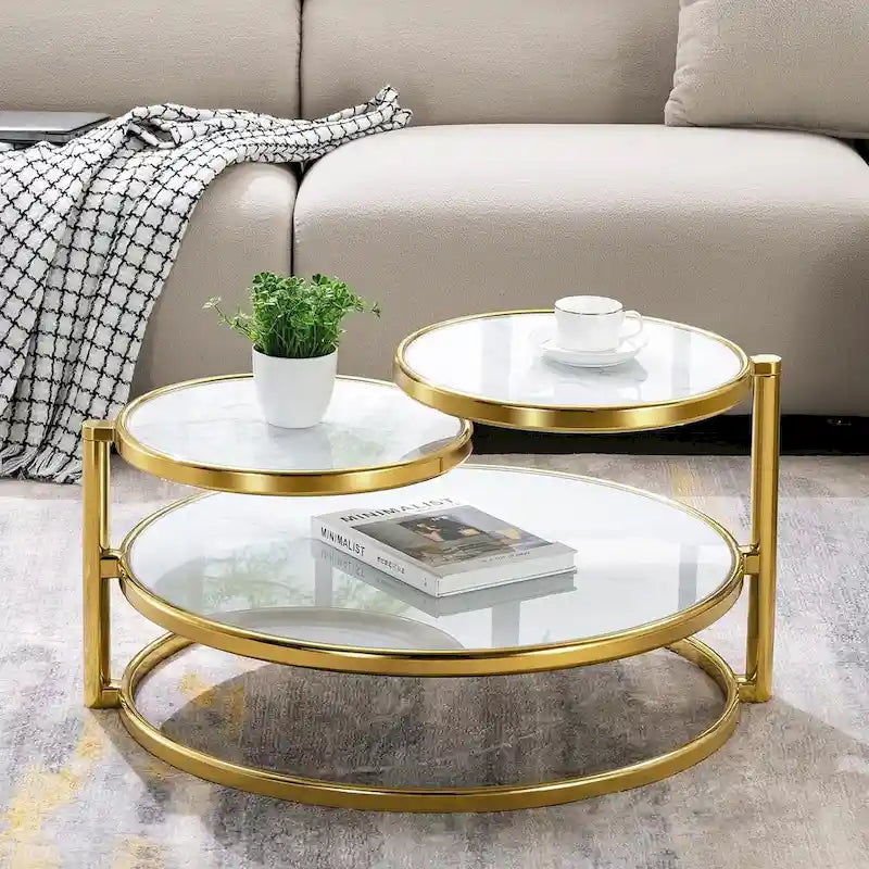 Tavolino da Caffè Rotondo in Vetro Temperato Bianco/Argento/Oro, a 3 Livelli Girevole a 360°, per 1 Persona