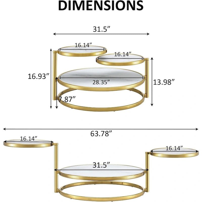 Tavolino da Caffè Rotondo in Vetro Temperato Bianco/Argento/Oro, a 3 Livelli Girevole a 360°, per 1 Persona