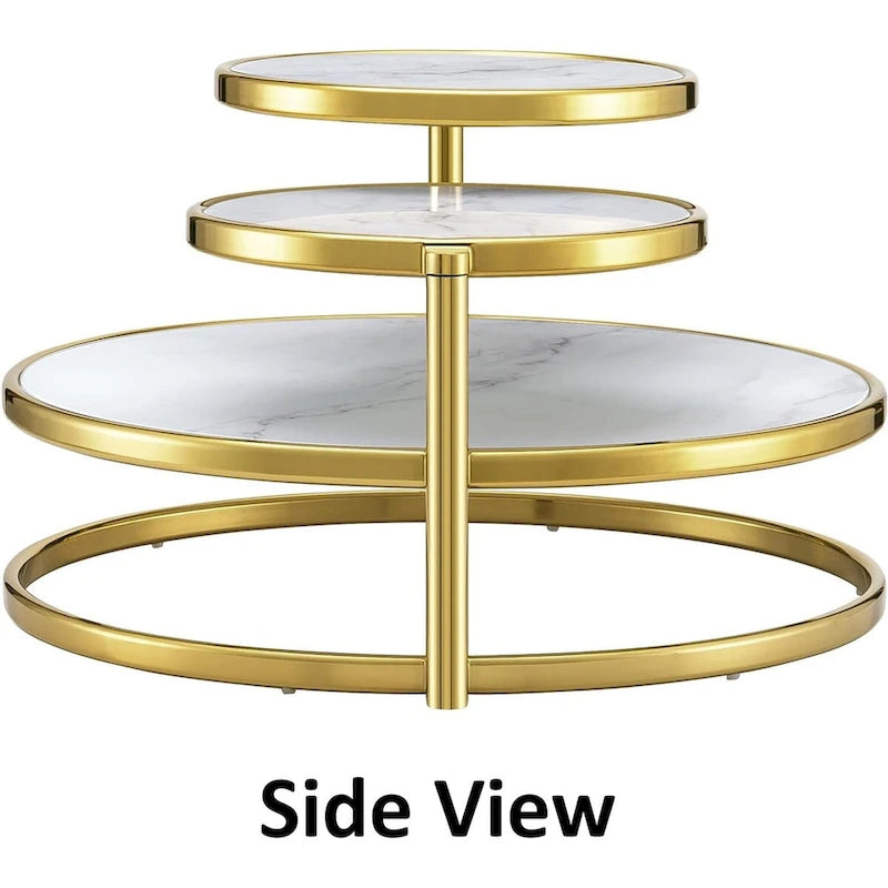 Tavolino da Caffè Rotondo in Vetro Temperato Bianco/Argento/Oro, a 3 Livelli Girevole a 360°, per 1 Persona