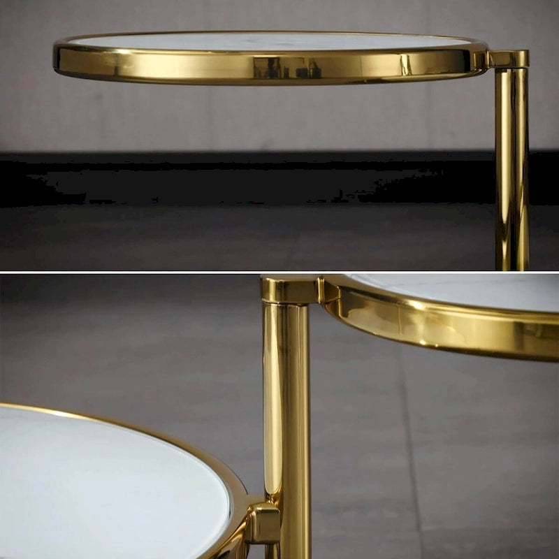 Tavolino da Caffè Rotondo in Vetro Temperato Bianco/Argento/Oro, a 3 Livelli Girevole a 360°, per 1 Persona