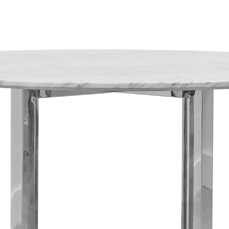 Tavolo da pranzo rotondo con ripiano in marmo bianco, base a croce cromata, 4 posti a sedere