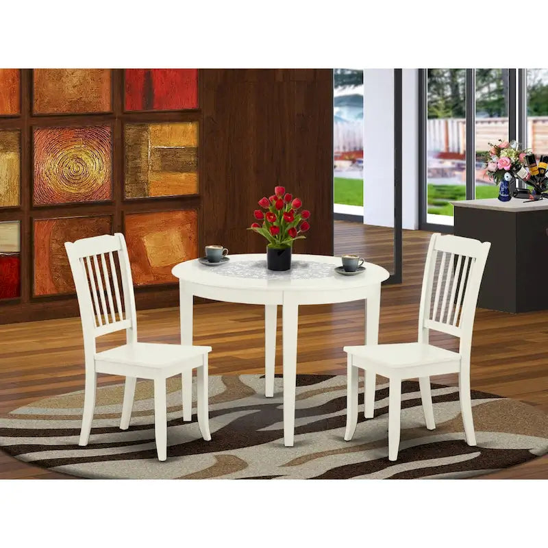 Set tavolo da pranzo rotondo, bianco lino, legno di gomma – 3 o 5 pezzi