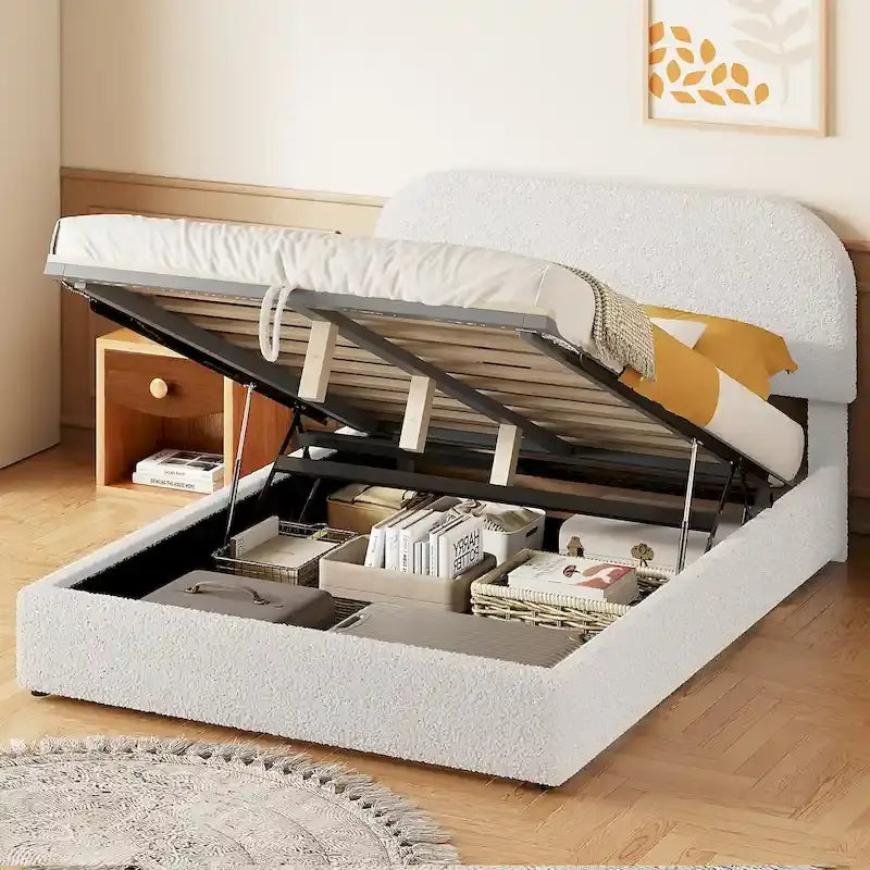 Letto con Piattaforma e Contenitore Idraulico in Pile Teddy Bianco/Grigio, Matrimoniale (1-2 Persone)