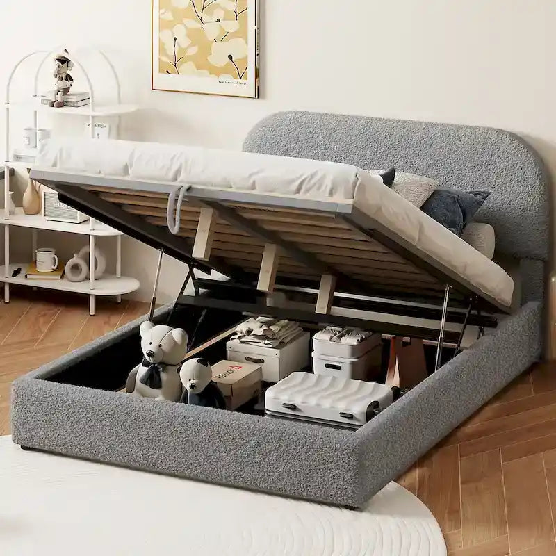 Letto con Piattaforma e Contenitore Idraulico in Pile Teddy Bianco/Grigio, Matrimoniale (1-2 Persone)