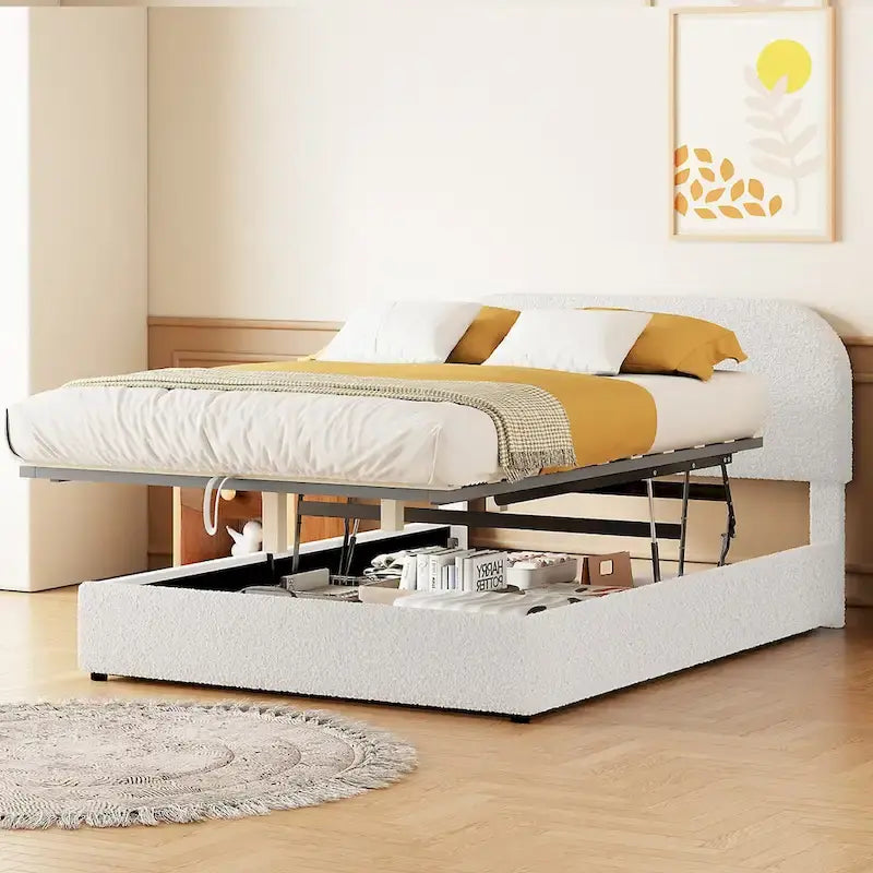 Letto con Piattaforma e Contenitore Idraulico in Pile Teddy Bianco/Grigio, Matrimoniale (1-2 Persone)