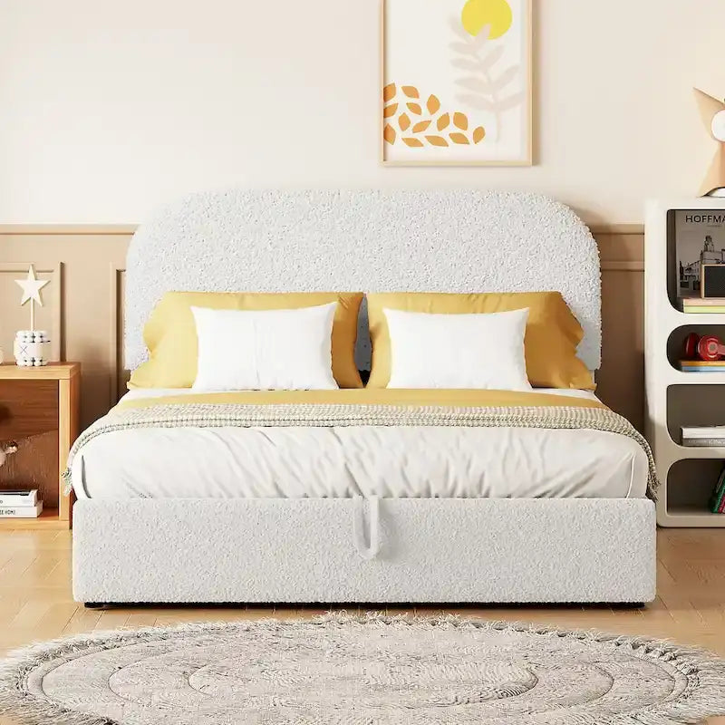Letto con Piattaforma e Contenitore Idraulico in Pile Teddy Bianco/Grigio, Matrimoniale (1-2 Persone)