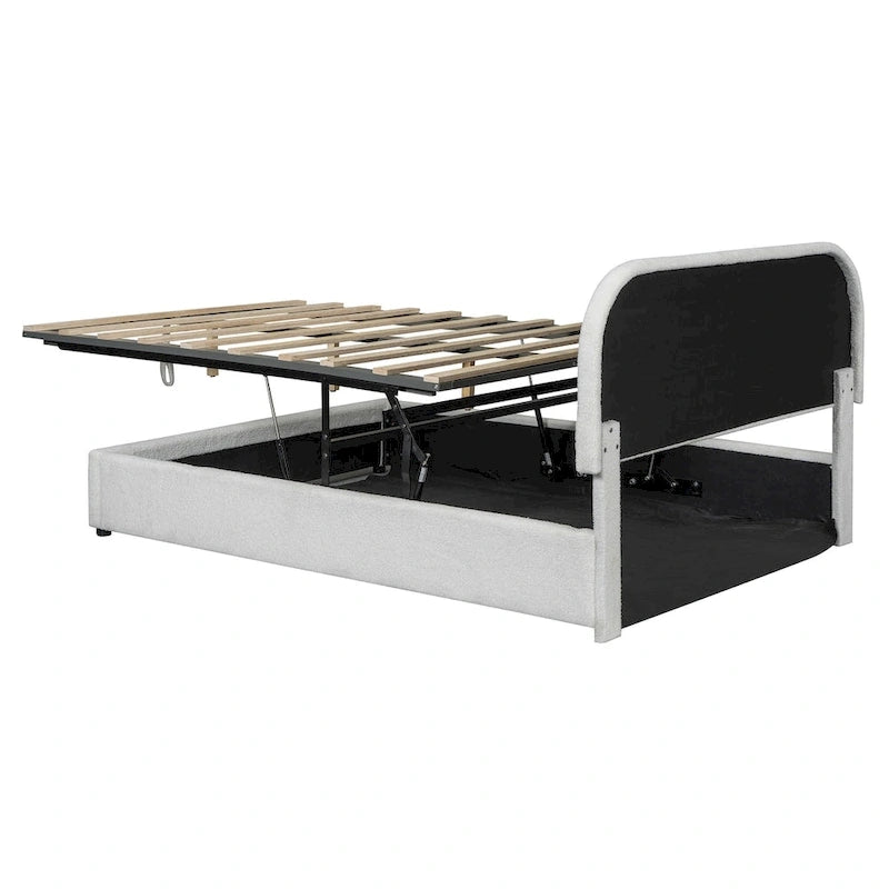 Letto con Piattaforma e Contenitore Idraulico in Pile Teddy Bianco/Grigio, Matrimoniale (1-2 Persone)