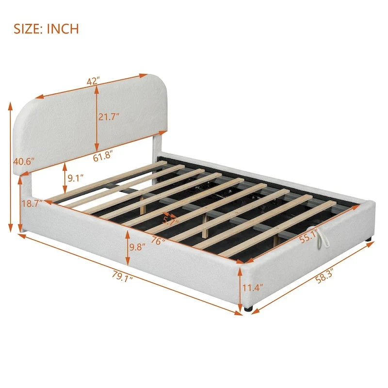 Letto con Piattaforma e Contenitore Idraulico in Pile Teddy Bianco/Grigio, Matrimoniale (1-2 Persone)