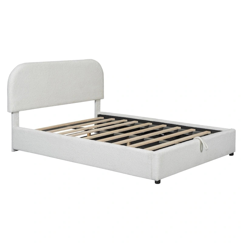 Letto con Piattaforma e Contenitore Idraulico in Pile Teddy Bianco/Grigio, Matrimoniale (1-2 Persone)