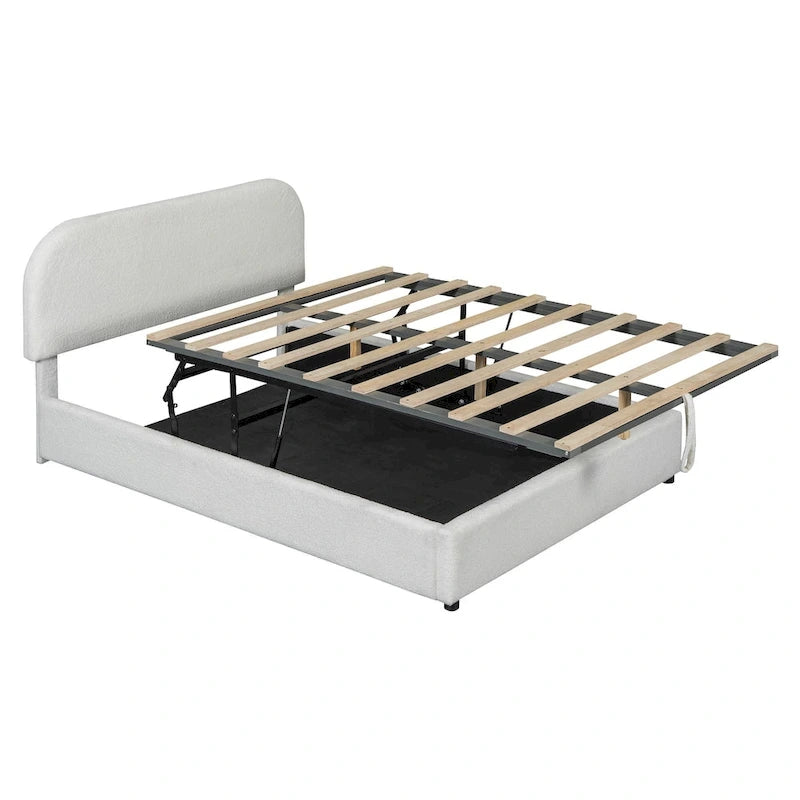 Letto con Piattaforma e Contenitore Idraulico in Pile Teddy Bianco/Grigio, Matrimoniale (1-2 Persone)