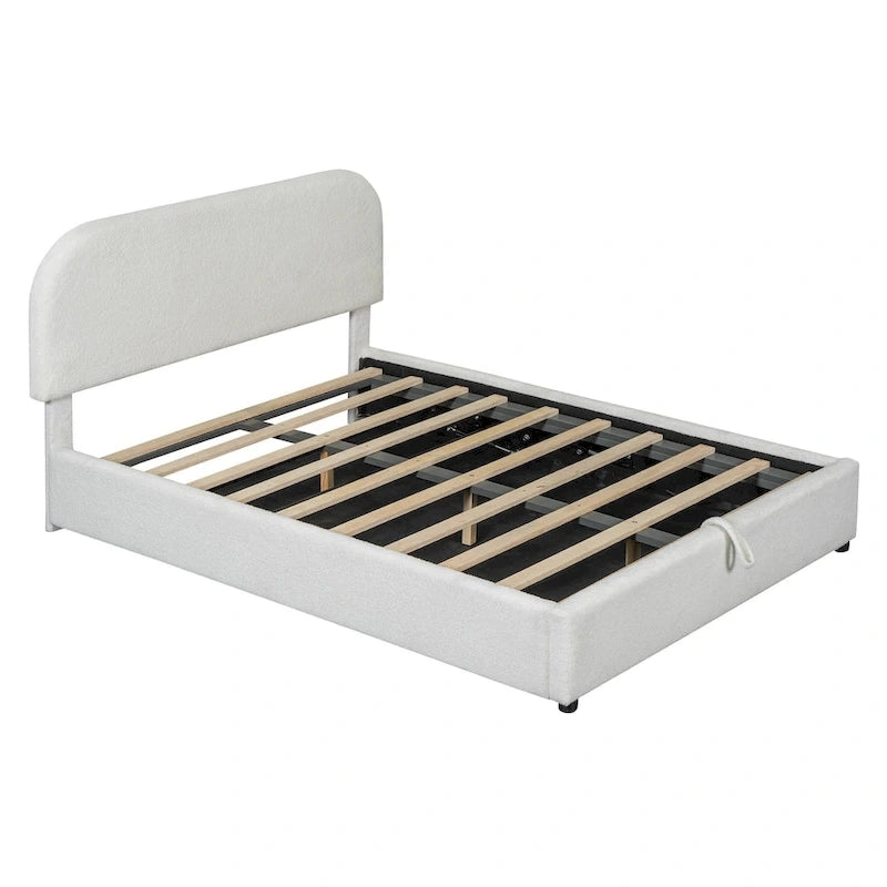 Letto con Piattaforma e Contenitore Idraulico in Pile Teddy Bianco/Grigio, Matrimoniale (1-2 Persone)