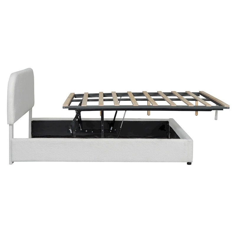 Letto con Piattaforma e Contenitore Idraulico in Pile Teddy Bianco/Grigio, Matrimoniale (1-2 Persone)
