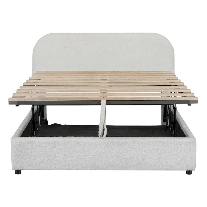 Letto con Piattaforma e Contenitore Idraulico in Pile Teddy Bianco/Grigio, Matrimoniale (1-2 Persone)