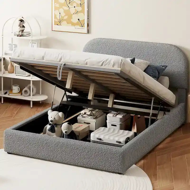 Letto con Piattaforma e Contenitore Idraulico in Pile Teddy Bianco/Grigio, Matrimoniale (1-2 Persone)