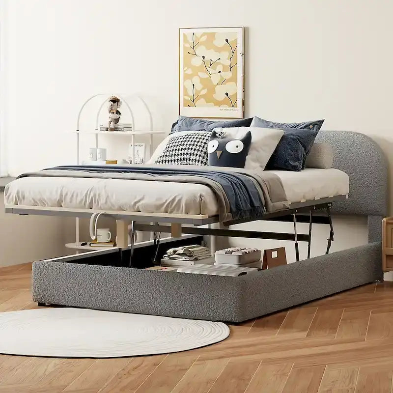 Letto con Piattaforma e Contenitore Idraulico in Pile Teddy Bianco/Grigio, Matrimoniale (1-2 Persone)