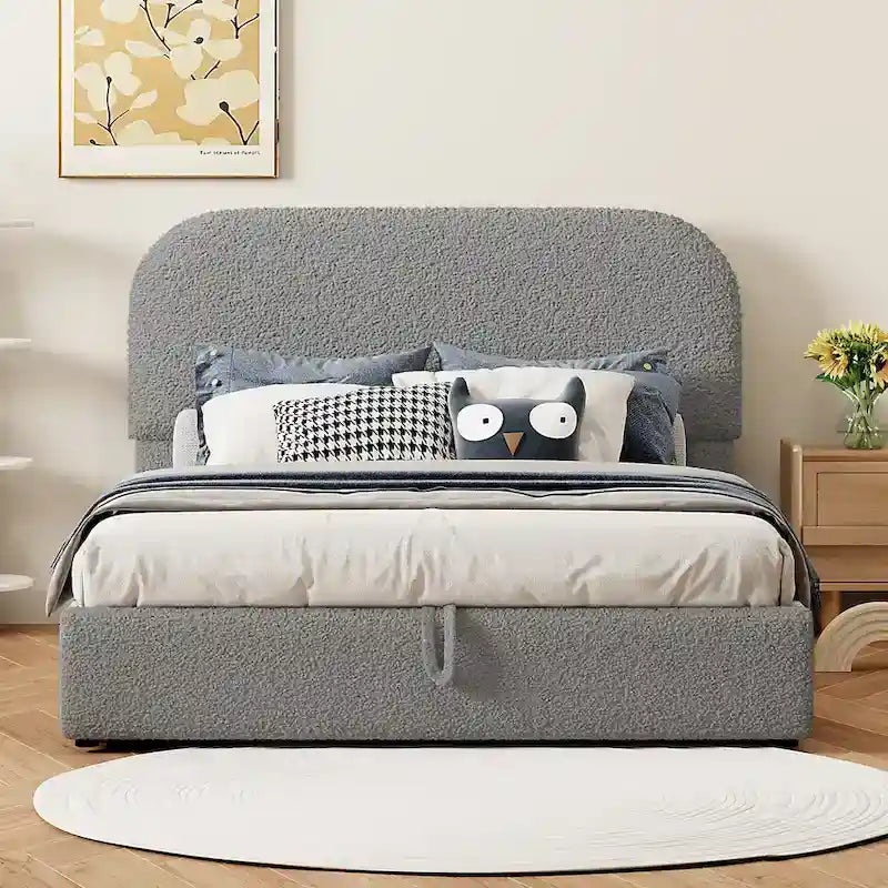 Letto con Piattaforma e Contenitore Idraulico in Pile Teddy Bianco/Grigio, Matrimoniale (1-2 Persone)