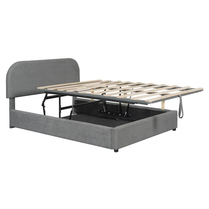 Letto con Piattaforma e Contenitore Idraulico in Pile Teddy Bianco/Grigio, Matrimoniale (1-2 Persone)
