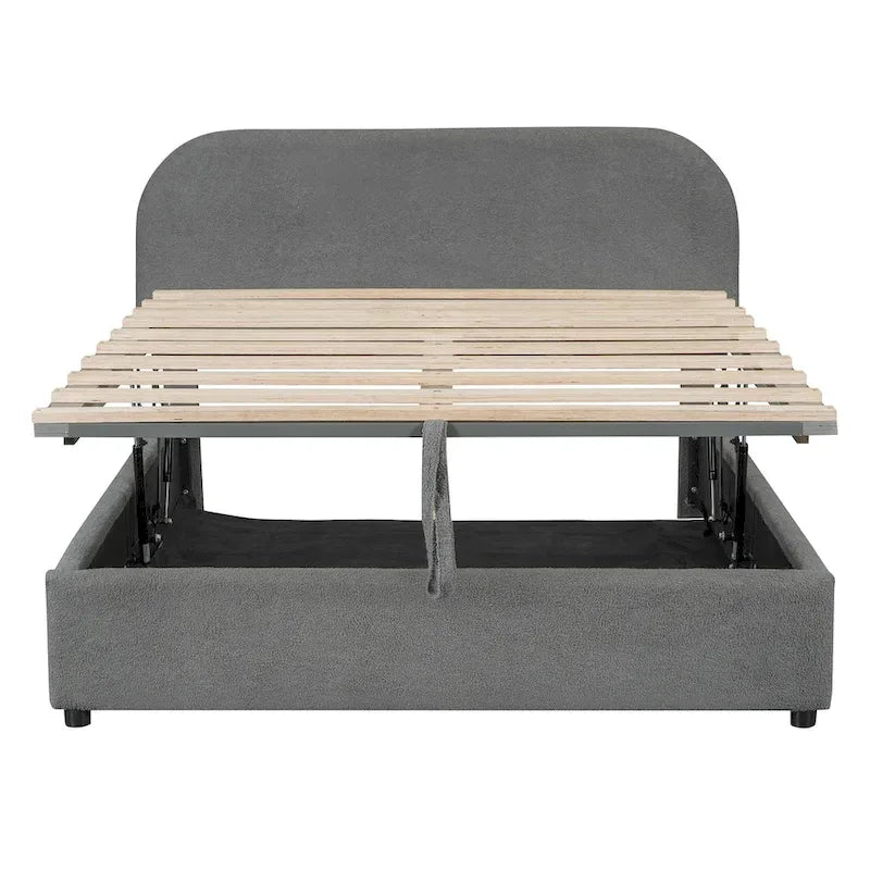 Letto con Piattaforma e Contenitore Idraulico in Pile Teddy Bianco/Grigio, Matrimoniale (1-2 Persone)