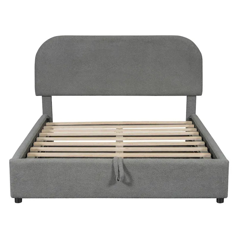 Letto con Piattaforma e Contenitore Idraulico in Pile Teddy Bianco/Grigio, Matrimoniale (1-2 Persone)