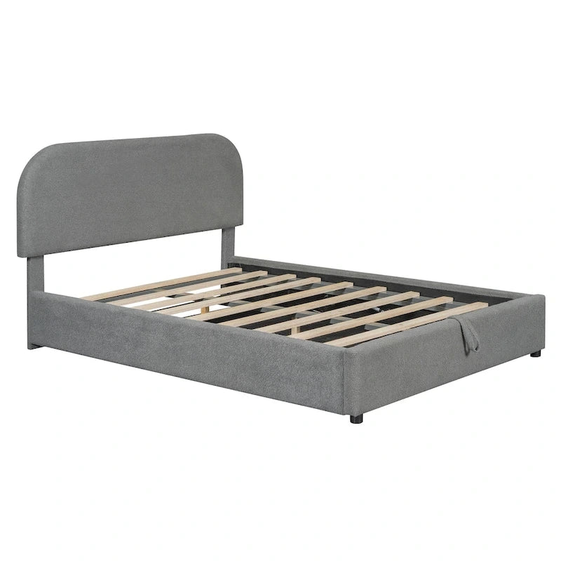 Letto con Piattaforma e Contenitore Idraulico in Pile Teddy Bianco/Grigio, Matrimoniale (1-2 Persone)