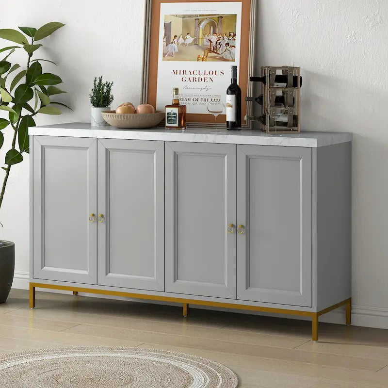 Credenza a 4 ante nera e grigia con piano effetto marmo, maniglie in metallo – Montaggio da 2 persone