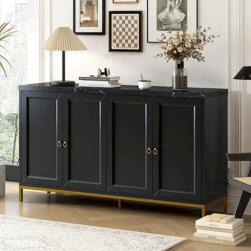 Credenza a 4 ante nera e grigia con piano effetto marmo, maniglie in metallo – Montaggio da 2 persone