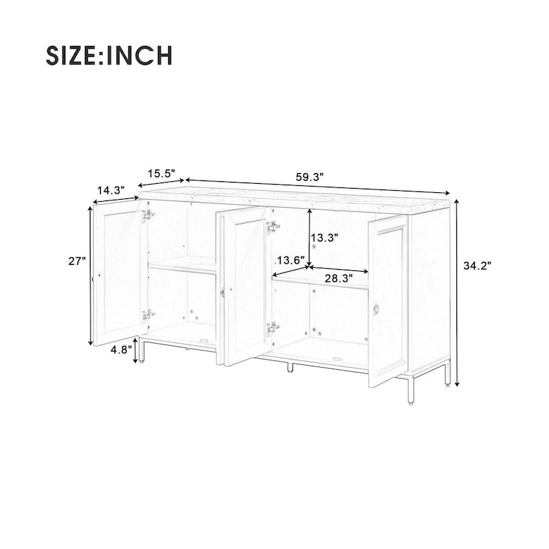 Credenza a 4 ante nera e grigia con piano effetto marmo, maniglie in metallo – Montaggio da 2 persone