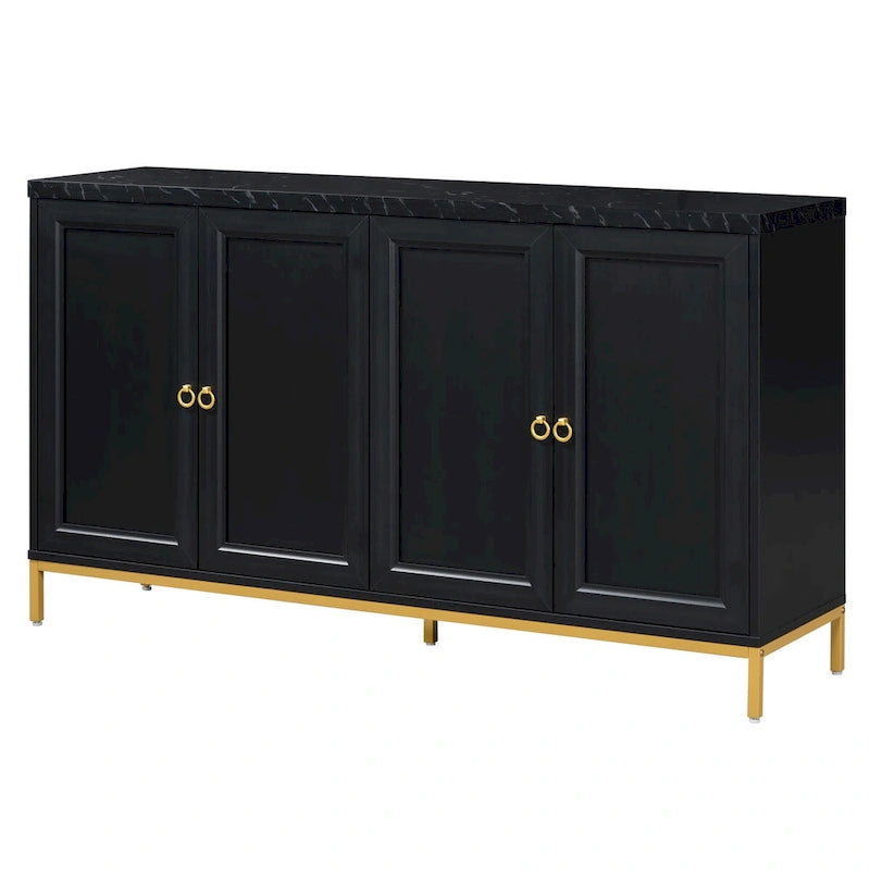 Credenza a 4 ante nera e grigia con piano effetto marmo, maniglie in metallo – Montaggio da 2 persone