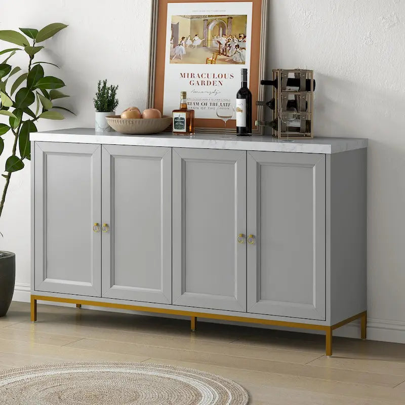 Credenza a 4 ante nera e grigia con piano effetto marmo, maniglie in metallo – Montaggio da 2 persone
