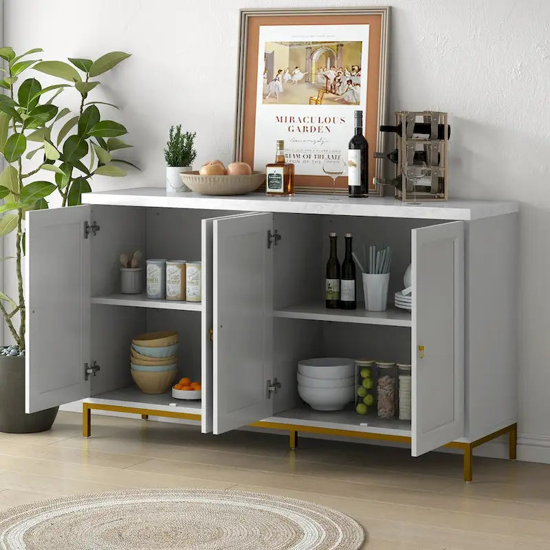 Credenza a 4 ante nera e grigia con piano effetto marmo, maniglie in metallo – Montaggio da 2 persone
