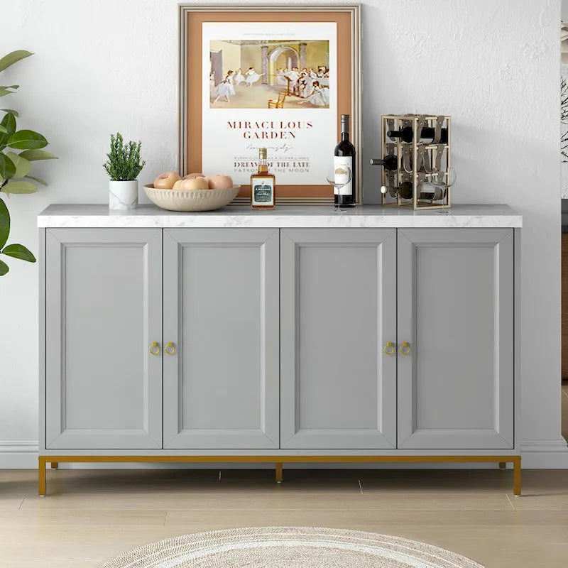 Credenza a 4 ante nera e grigia con piano effetto marmo, maniglie in metallo – Montaggio da 2 persone