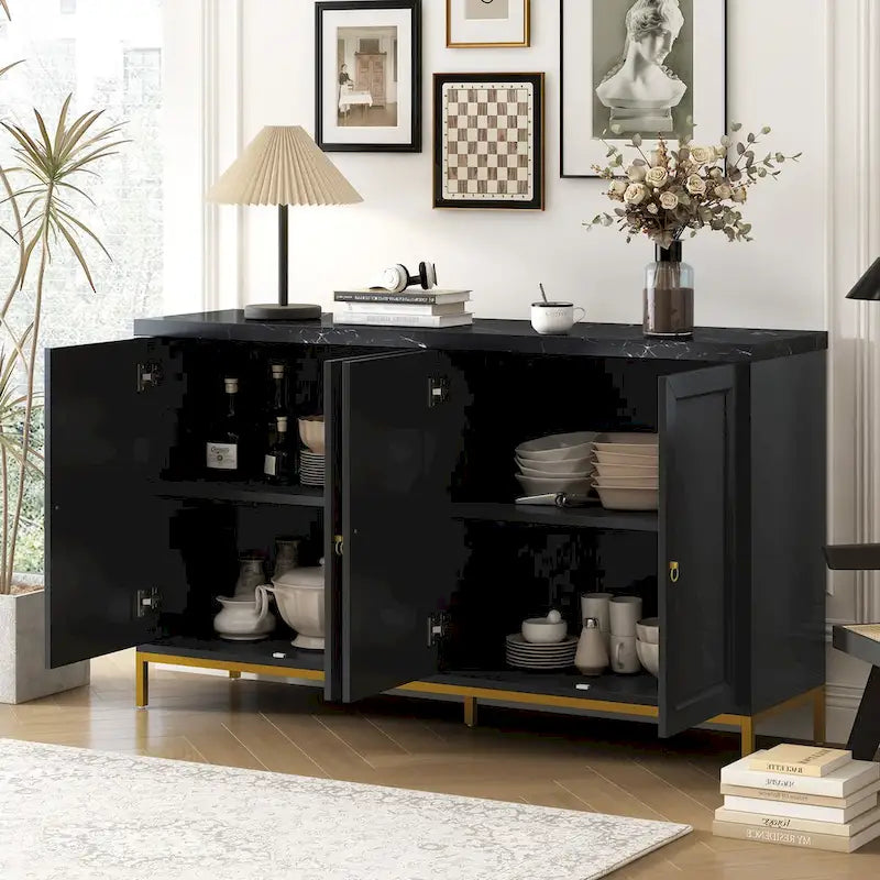 Credenza a 4 ante nera e grigia con piano effetto marmo, maniglie in metallo – Montaggio da 2 persone