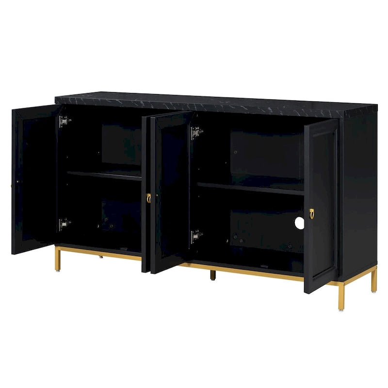 Credenza a 4 ante nera e grigia con piano effetto marmo, maniglie in metallo – Montaggio da 2 persone
