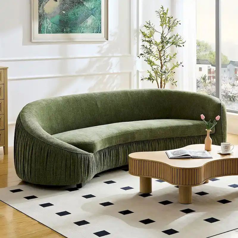 Divano in tessuto curvo beige/verde, 4 posti