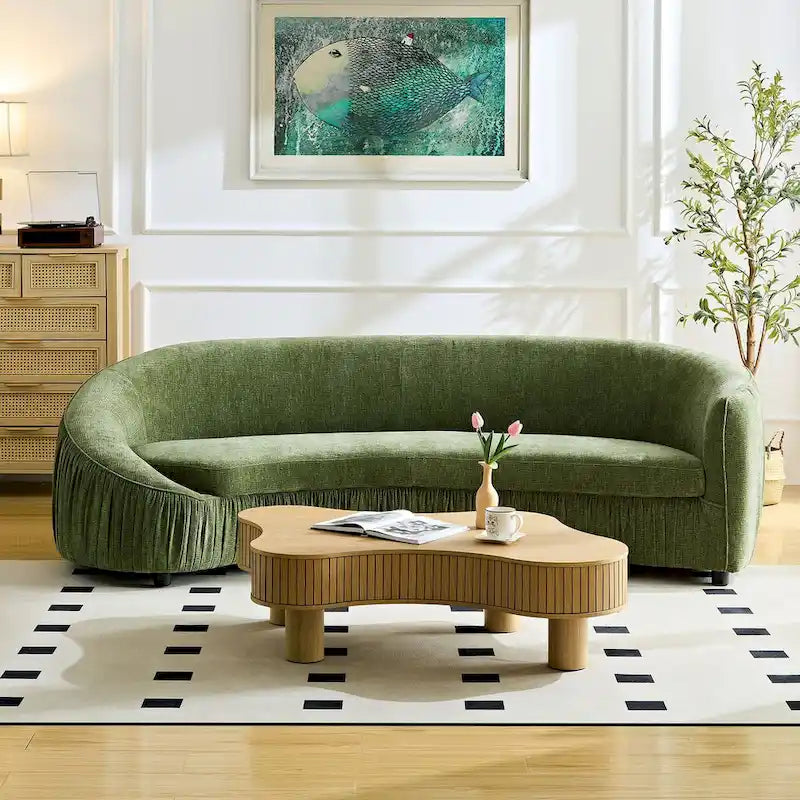 Divano in tessuto curvo beige/verde, 4 posti