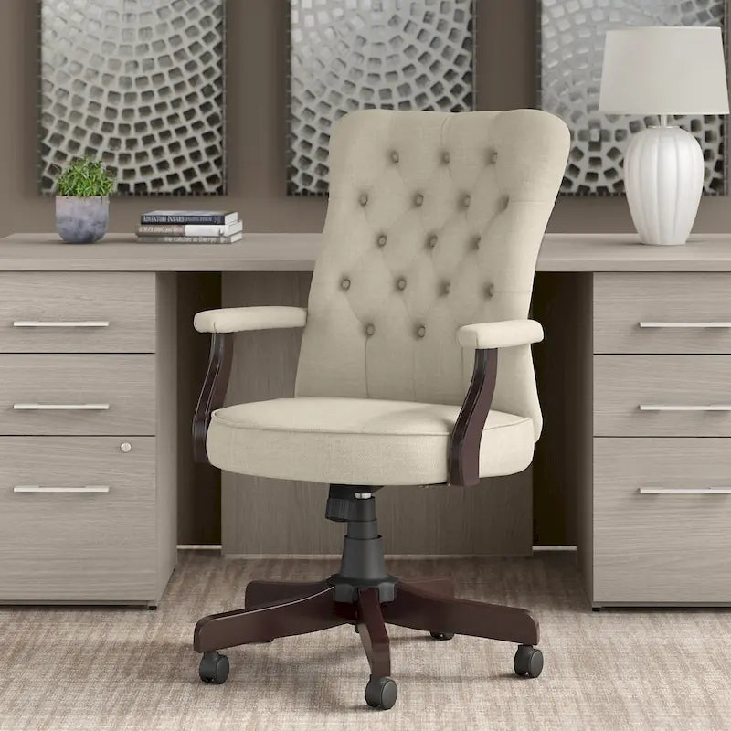 Sedia da ufficio con schienale alto e trapuntato, colore crema/bianco antico – Tessuto e pelle, 1 persona