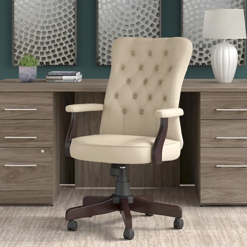 Sedia da ufficio con schienale alto e trapuntato, colore crema/bianco antico – Tessuto e pelle, 1 persona