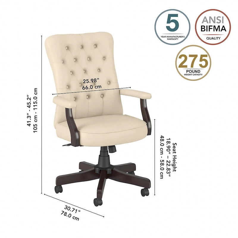 Sedia da ufficio con schienale alto e trapuntato, colore crema/bianco antico – Tessuto e pelle, 1 persona