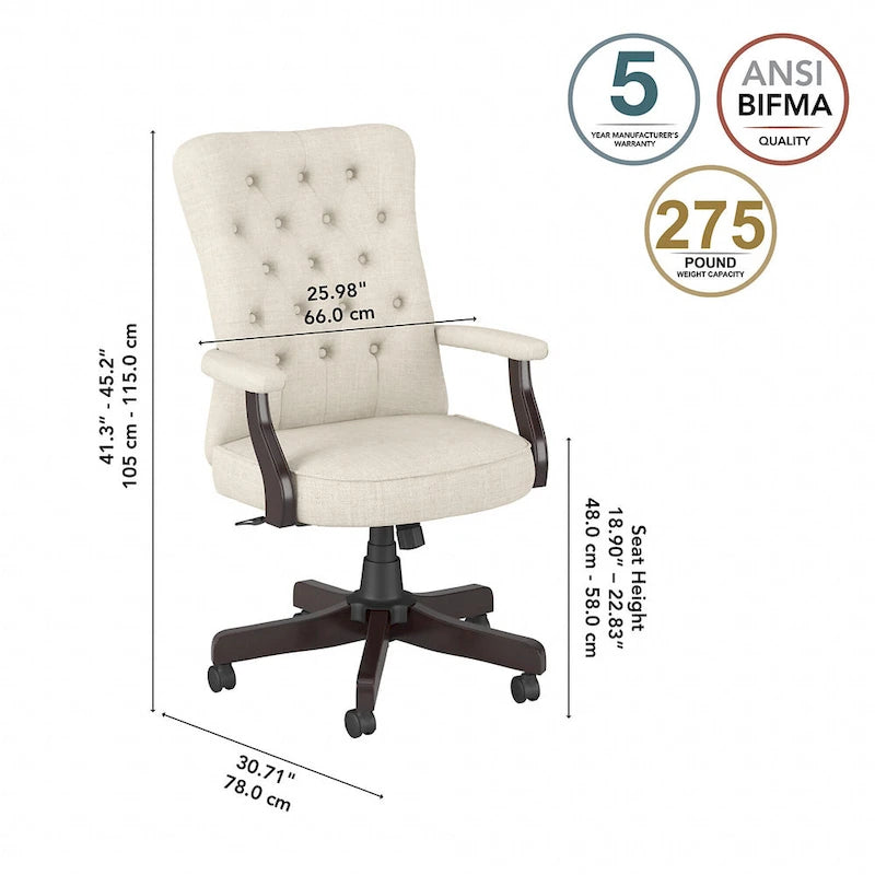 Sedia da ufficio con schienale alto e trapuntato, colore crema/bianco antico – Tessuto e pelle, 1 persona